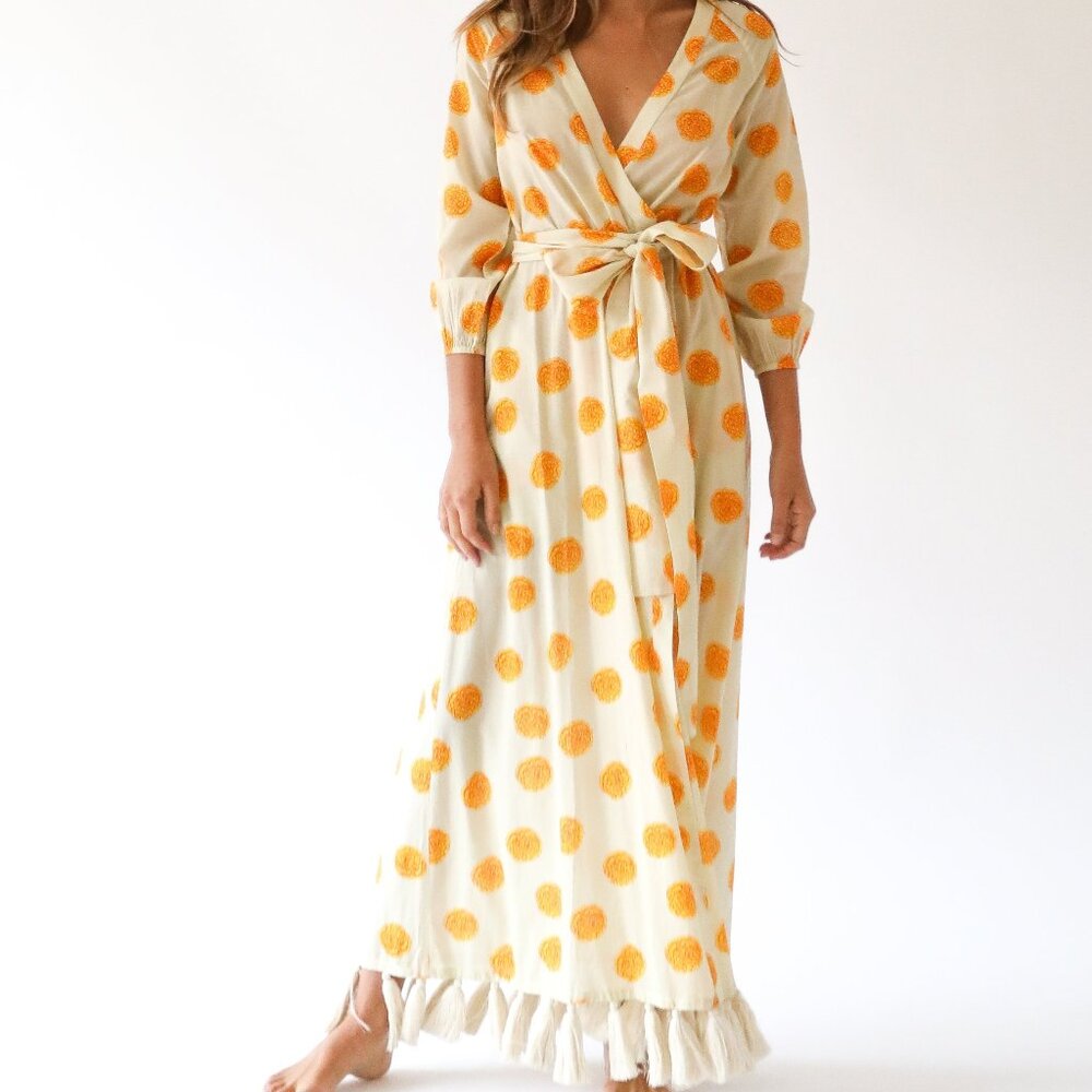 Elegant Orange Polka Dot Midi Dress Semi transparent beach cover up